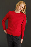 Kadın Sıfır Yaka Saç Örgülü Kazak Kırmızı