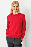 Kadın Sıfır Yaka Saç Örgülü Kazak Kırmızı