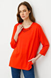Kadın Sıfır Yaka Nakışlı Penye Bluz Mercan