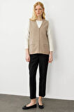 Kadın Çelik Örgü Cebi Fermuarlı Düz Triko Yelek K.Bej