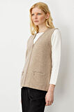 Kadın Çelik Örgü Cebi Fermuarlı Düz Triko Yelek K.Bej