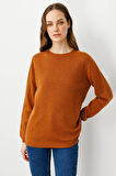 Kadın Sıfır Yaka Klasik Yün Kazak Tarçın