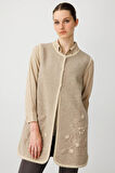 Kadın Sıfır Yaka Çiçekli Uzun Yün Yelek K.Bej