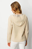 Kadın Kapüşonlu Fermuarlı Kısa Triko Sweatshirt Bej