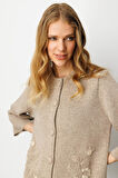 Kadın Dik Yaka Çiçek Desenli Kısa Yün Ceket K.Bej