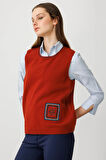 Kadın Sıfır Yaka Cebi ve Yakası Renkli Tığlamalı Yün Süveter K.Kiremit