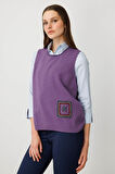Kadın Sıfır Yaka Cebi ve Yakası Renkli Tığlamalı Yün Süveter Mor
