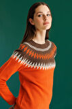 Kadın Sıfır Yaka Robası Baklavalı Yün Kazak Portakal