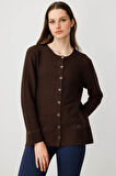 Kadın Sıfır Yaka Sahte Cepli Düğmeli Hırka Kahve