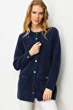 Kadın Sıfır Yaka Metal Düğmeli Araboy Afrodit Triko Ceket Lacivert