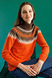 Kadın Tam Balıkçı Yaka Robası Baklavalı Yün Kazak Portakal
