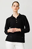 Kadın Polo Yaka Sahte Cepli Bluz Siyah