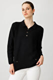 Kadın Polo Yaka Sahte Cepli Bluz Siyah