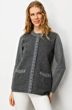 Kadın Sıfır Yaka Önü Keçe Kısa Yün Ceket Füme