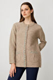 Kadın Sıfır Yaka Önü Keçe Kısa Yün Ceket K.Bej