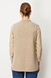 Kadın V Yaka Cebi Tığlamalı Yün Yelek K.Bej