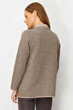Kadın Polo Yaka Cebi Nakış İşlemeli Yün Hırka K.Bej
