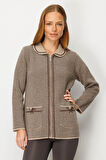 Kadın Polo Yaka Cebi Nakış İşlemeli Yün Hırka K.Bej