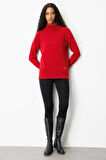 Kadın Tam Balıkçı Yaka Yanı Yırtmaçlı Yün Kazak K.Kırmızı