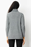 Kadın Degaje Yaka Cebi ve Yakası Tığlamalı Yün Kazak Füme