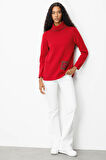 Kadın Degaje Yaka Cebi ve Yakası Tığlamalı Yün Kazak K.Kırmızı