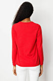 Kadın V Yaka Kolları Düğmeli Simli Bluz A.Kırmızı
