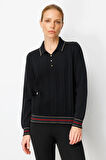 Kadın Polo Yaka Simli Çizgili Yün Bluz Siyah