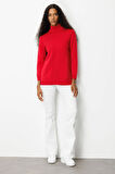 Kadın Tam Balıkçı Yaka Önü Uzun Çizgili Kazak K.Kırmızı