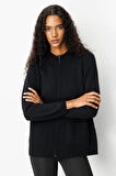 Kadın Dik Yaka Cepli Basic Yün Hırka Siyah