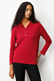 Kadın Polo Yaka Yakası ve Kolu Düğmeli Bluz Vişne