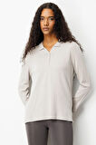 Kadın Polo Yaka Yakası ve Kolu Düğmeli Bluz Vizon