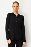 Kadın Polo Yaka Yakası ve Kolu Düğmeli Bluz Siyah