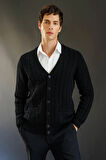 Erkek V Yaka Kalın Saç Örgülü Yün Ceket Siyah
