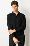 Erkek Polo Yaka Önü Baklavalı Triko Kazak Siyah
