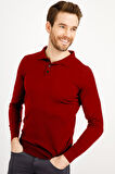 Erkek Basic Polo Yaka İnce Triko Kazak Koyu Kırmızı