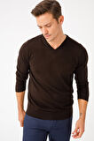 Erkek Basic V Yaka İnce Triko Kazak Koyu Kahve