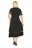 Melsay Butik Dantel Detaylı Siyah Kadın Büyük Beden Midi Elbise