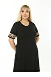 Melsay Butik Leopar Şeritli Siyah Kadın Büyük Beden Midi Elbise