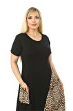 Melsay Butik Leopar Desen Cepli Siyah Kısa Kol Kadın Midi Elbise