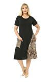 Melsay Butik Leopar Desen Cepli Siyah Kısa Kol Kadın Midi Elbise