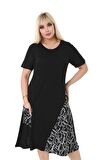 Melsay Butik Zigzag Desen Cepli Siyah Kısa Kol Kadın Midi Elbise