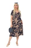 Melsay Butik Lacivert Yaprak Kuplu Cepli Kısa Kol Kadın Midi Elbise
