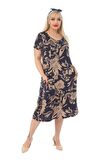 Melsay Butik Lacivert Yaprak Kuplu Cepli Kısa Kol Kadın Midi Elbise