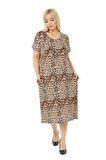Melsay Butik Küçük Leopar Desen Cepli Kısa Kol Kadın Midi Elbise
