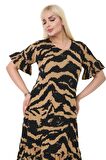 Melsay Butik Vizon Zebra Cepli Fırfırlı Kısa Kol Kadın Midi Elbise