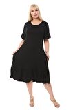 Melsay Butik Cepli Fırfırlı Siyah Kısa Kollu Kadın Midi Elbise