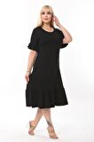 Melsay Butik Cepli Fırfırlı Siyah Kısa Kollu Kadın Midi Elbise
