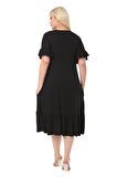 Melsay Butik Cepli Fırfırlı Siyah Kısa Kollu Kadın Midi Elbise