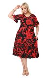 Melsay Butik Kırmızı Palmiye Fırfırlı Kısa Kollu Kadın Midi Elbise
