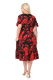 Melsay Butik Kırmızı Palmiye Fırfırlı Kısa Kollu Kadın Midi Elbise